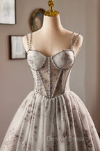 Gray Tulle Sequins Short Prom Dresses, A-Line Spaghetti Straps Backless Party Dresses