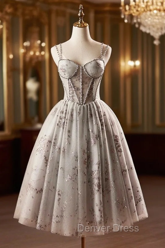 Gray Tulle Sequins Short Prom Dresses, A-Line Spaghetti Straps Backless Party Dresses Main image