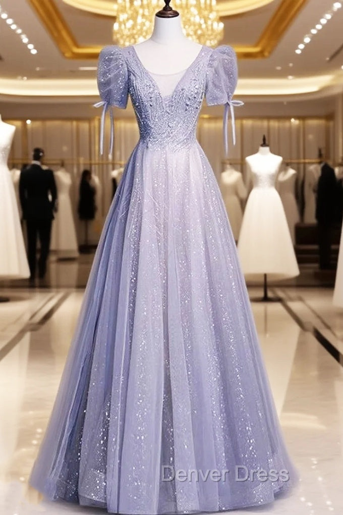 Gray Tulle Sequins Short Sleeve Beading Prom Dresses