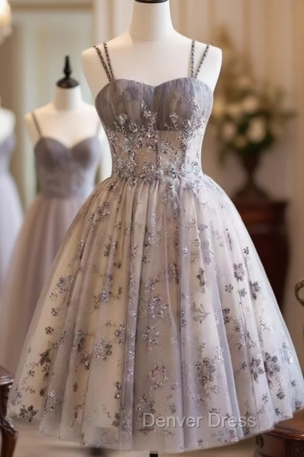Gray Tulle Sequins Spaghetti Straps Homecoming Dresses Main image