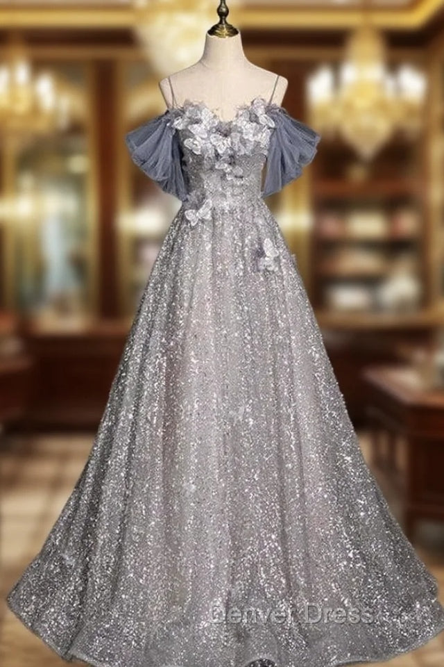 Gray Tulle Sequins Spaghetti Straps Prom Dresses