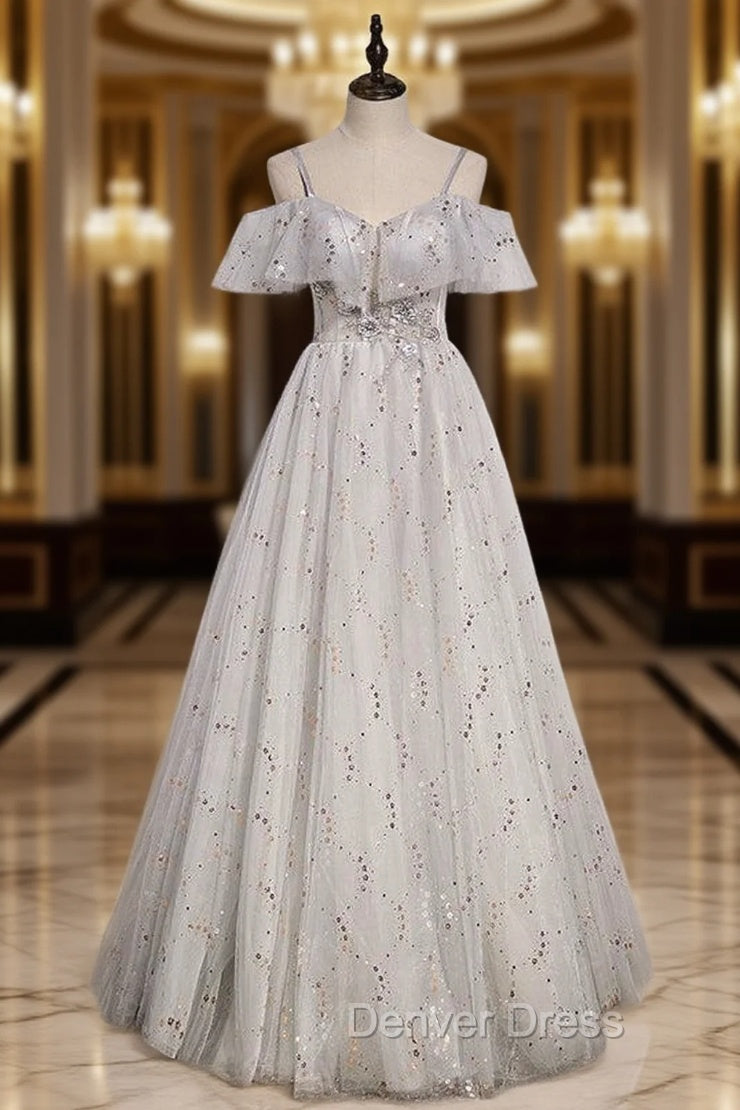Gray Tulle Sequins Straps Beading Prom Dresses Main image