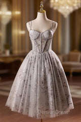 Gray Tulle Sequins Straps Homecoming Dresses