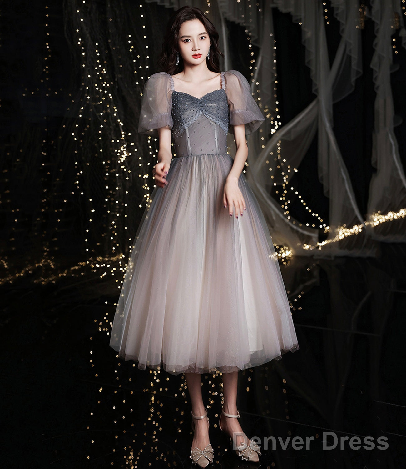 Gray Tulle Short A Line Dress Homecoming Dresses