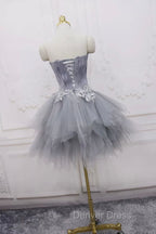 Gray Tulle Short Prom Dresses with Feather, Chic A-Line Strapless Party Dresses