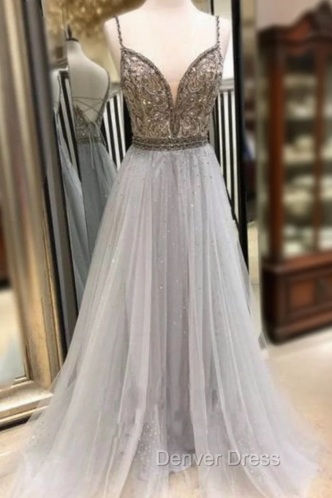 Gray Tulle Spaghetti Straps Backless Beading Sequins Prom Dresses Main image