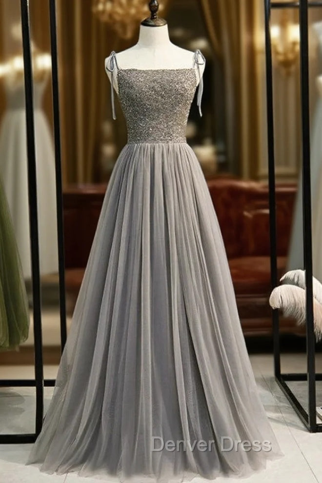 Gray Tulle Spaghetti Straps Beading Backless Prom Dresses Main image
