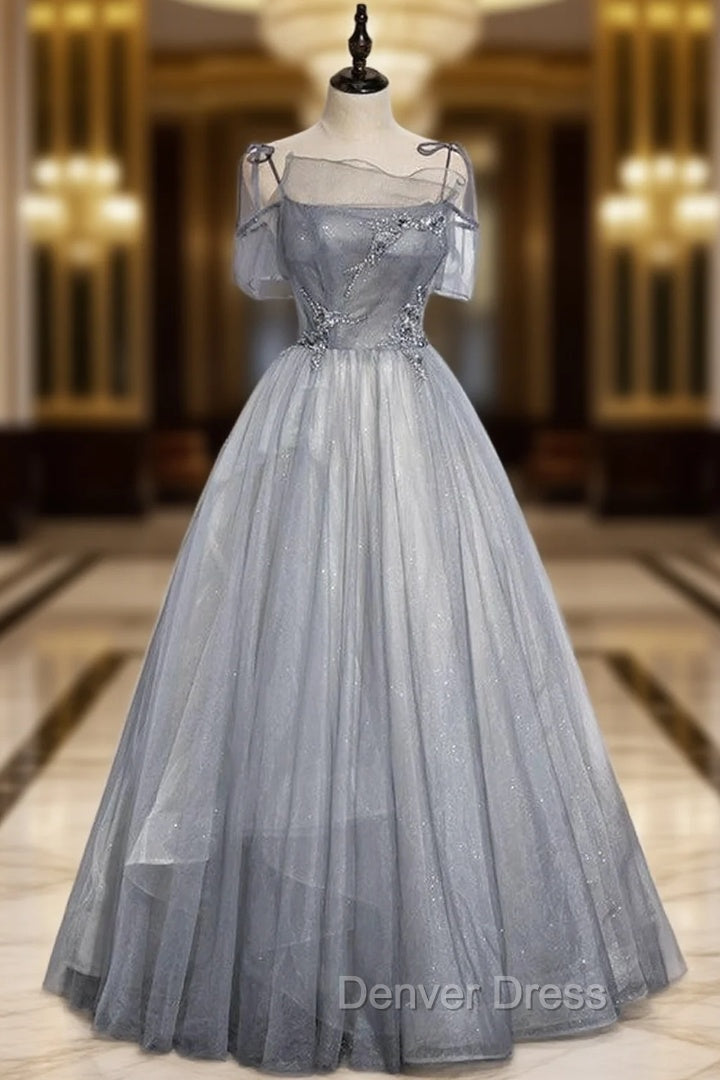 Gray Tulle Spaghetti Straps Beading Prom Dresses