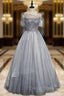Gray Tulle Spaghetti Straps Beading Prom Dresses