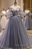 Gray Tulle Spaghetti Straps Button Prom Dresses