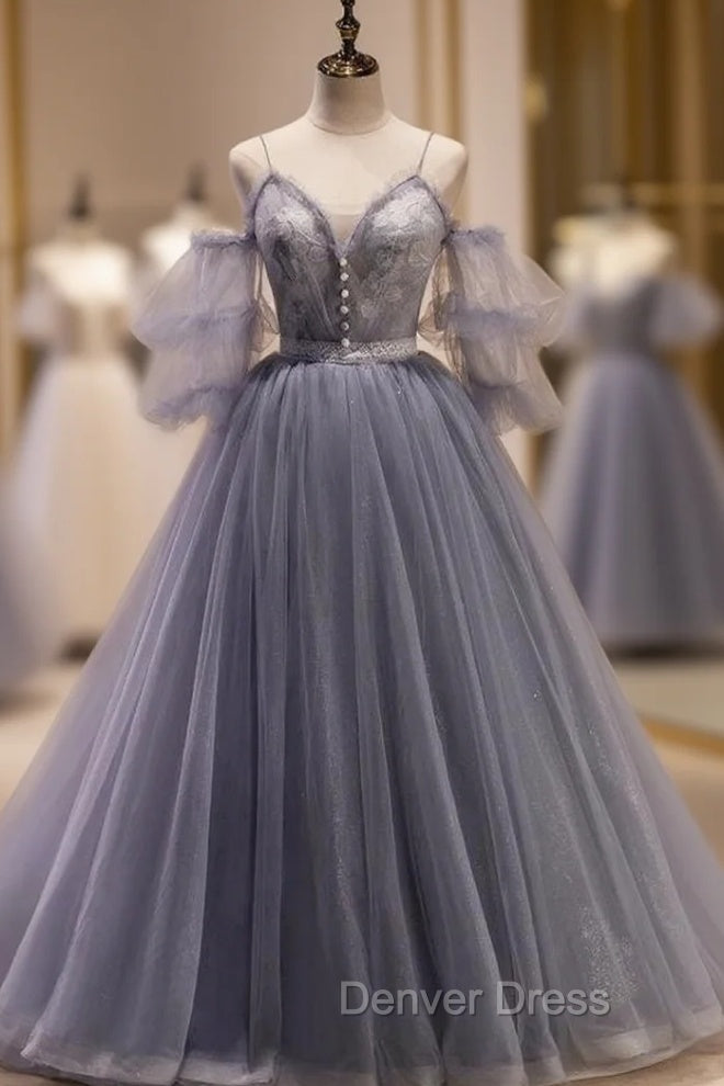 Gray Tulle Spaghetti Straps Button Prom Dresses Main image