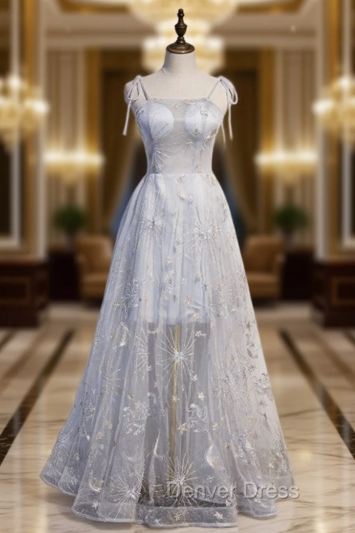 Gray Tulle Spaghetti Straps Embroidery Prom Dresses Main image