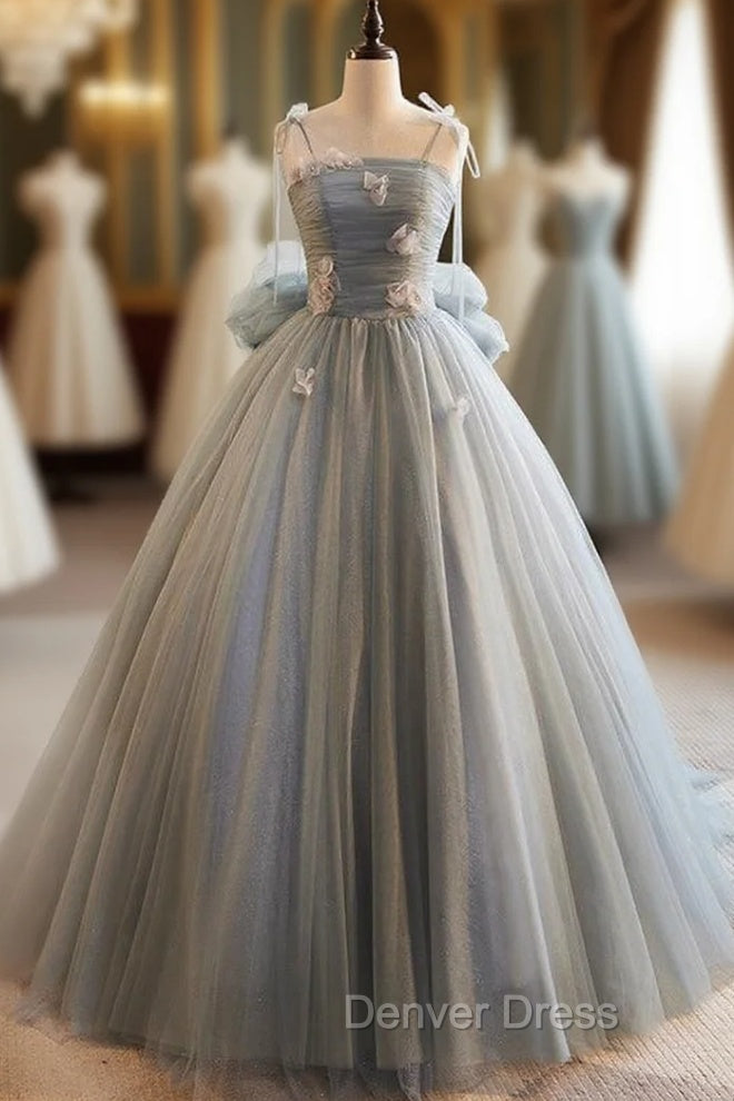 Gray Tulle Spaghetti Straps Flower Prom Dresses