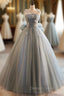 Gray Tulle Spaghetti Straps Flower Prom Dresses