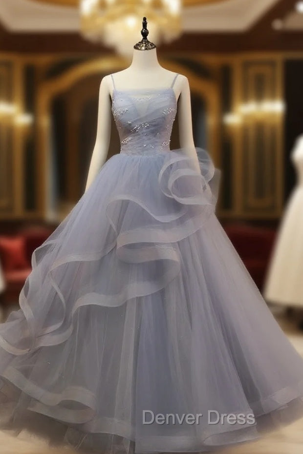 Gray Tulle Spaghetti Straps Pearls Prom Dresses