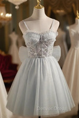 Gray Tulle Spaghetti Straps Sequins Homecoming Dresses