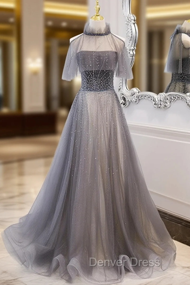Gray Tulle Strapless Beading Prom Dresses With Shawl Main image