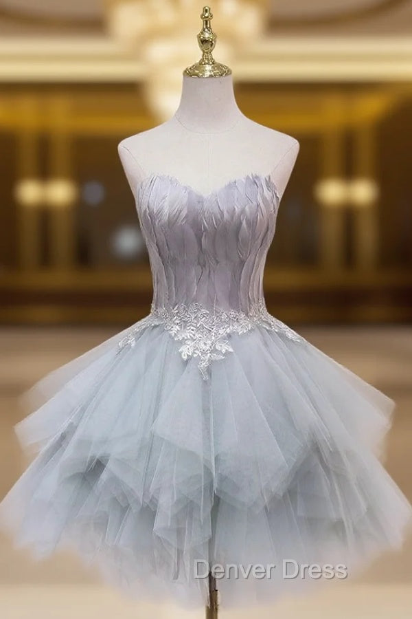 Gray Tulle Strapless Feather Appliques Homecoming Dresses Main image