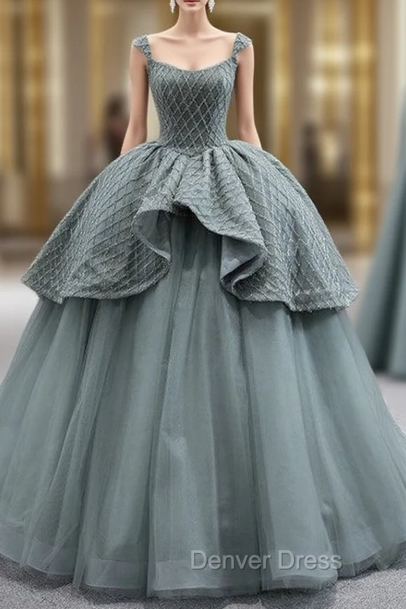 Gray Tulle Straps Beading Prom Dresses Main image