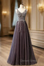 Gray Tulle V-neck Beading Sequins Prom Dresses