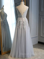 Gray Tulle with Lace Long Prom Dress, A Line Floor Length Gray Prom Dress, Gray Bridesmaid Dresses