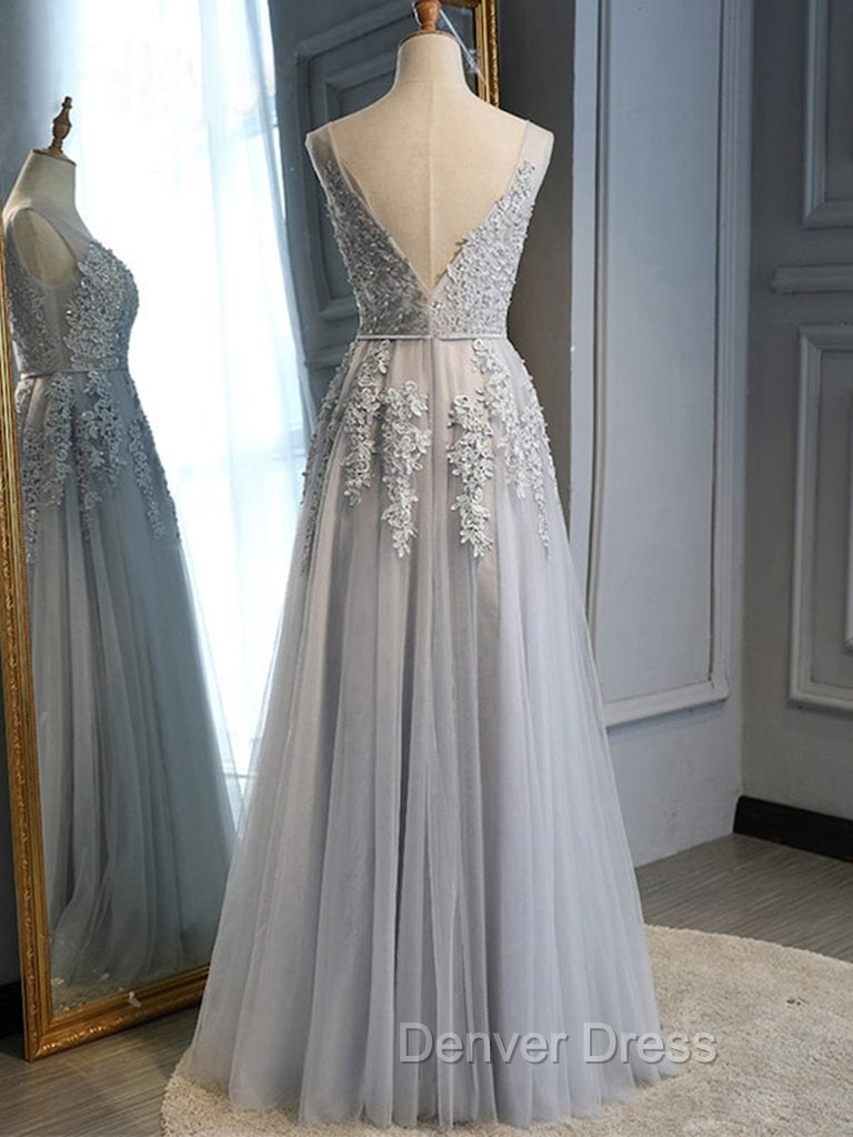 Gray Tulle with Lace Long Prom Dress, A Line Floor Length Gray Prom Dress, Gray Bridesmaid Dresses
