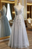 Gray Tulle with Lace Long Prom Dress, A Line Floor Length Gray Prom Dress, Gray Bridesmaid Dresses