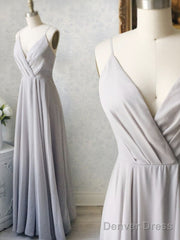 Gray V Neck Chiffon Long Prom Dresses, Gray V Neck Long Formal Bridesmaid Dresses