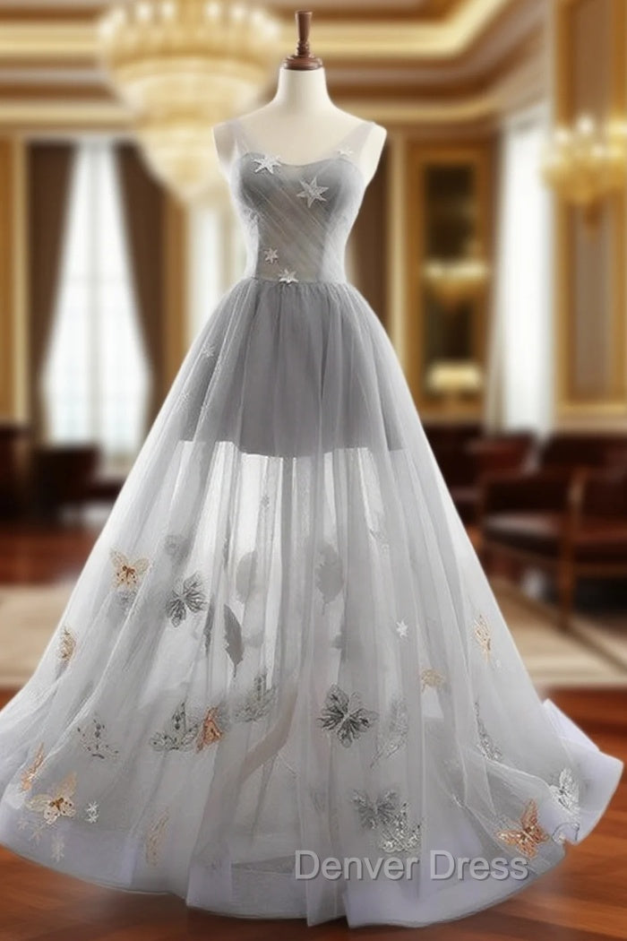 Gray V-neck Tulle Backless Butterfly Floor Length Wedding Dresses Main image