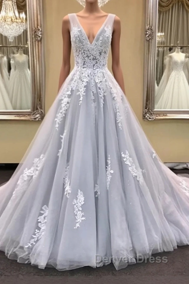 Gray v neck tulle lace applique long prom Dress, gray Prom Dresses
