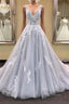 Gray v neck tulle lace applique long prom Dress, gray Prom Dresses