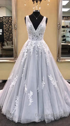 Gray v neck tulle lace applique long prom Dress, gray Prom Dresses
