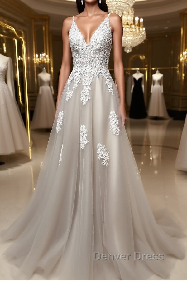 Gray v neck tulle lace long prom Dress, gray tulle Prom Dresses