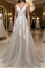 Gray v neck tulle lace long prom Dress, gray tulle Prom Dresses