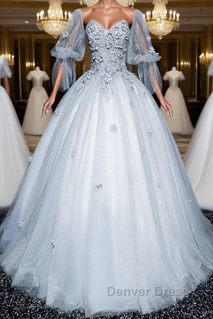 Gray v neck tulle lace long prom Dress, gray tulle lace Prom Dresses Main image