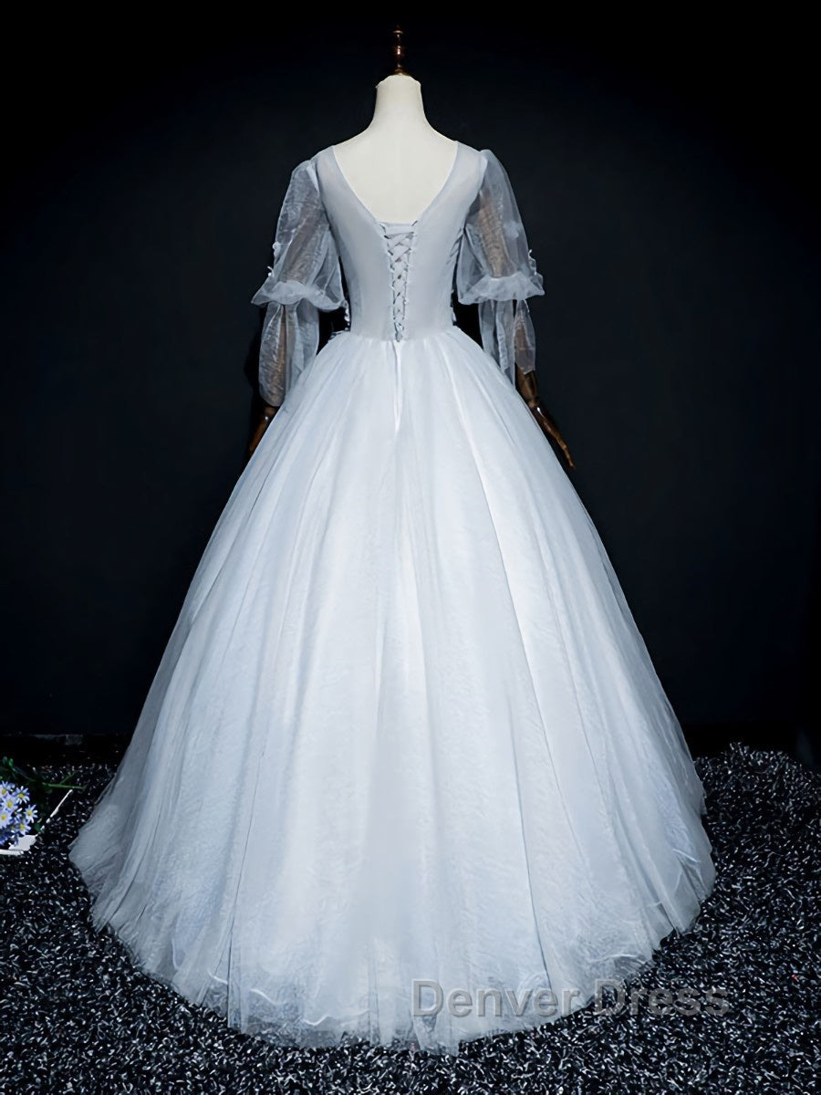 Gray v neck tulle lace long prom Dress, gray tulle lace Prom Dresses Secondary image
