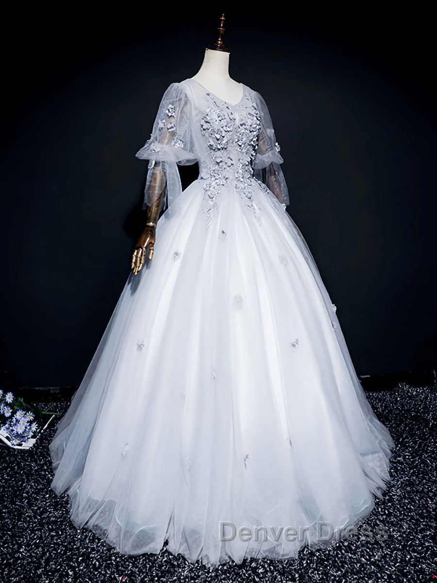 Gray v neck tulle lace long prom Dress, gray tulle lace Prom Dresses