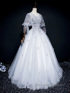 Gray v neck tulle lace long prom Dress, gray tulle lace Prom Dresses