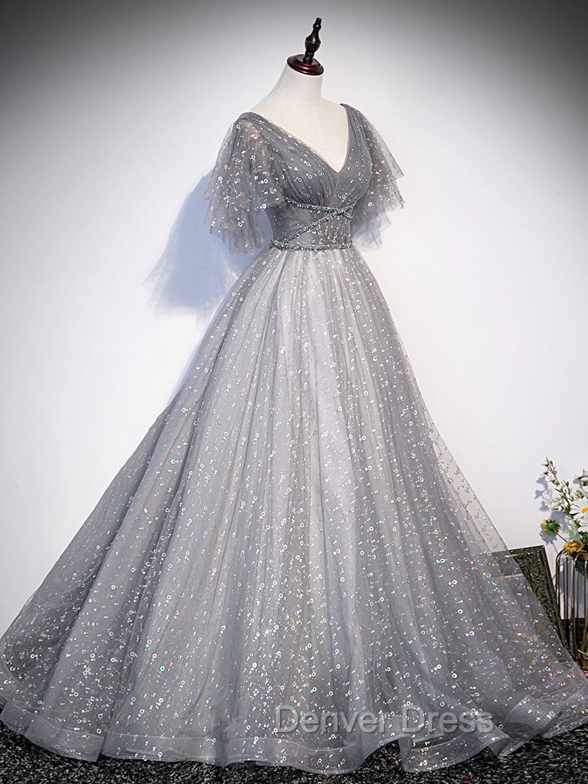 Gray V Neck Tulle Long Prom Dresses, Gray Tulle Sequin Evening Dresses Secondary image