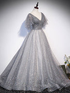 Gray V Neck Tulle Long Prom Dresses, Gray Tulle Sequin Evening Dresses