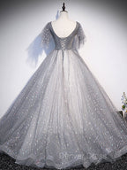 Gray V Neck Tulle Long Prom Dresses, Gray Tulle Sequin Evening Dresses