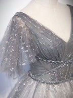 Gray V Neck Tulle Long Prom Dresses, Gray Tulle Sequin Evening Dresses