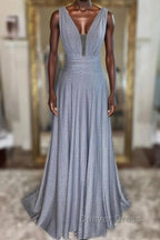 Gray v neck tulle sequin long prom Dress, gray Prom Dresses