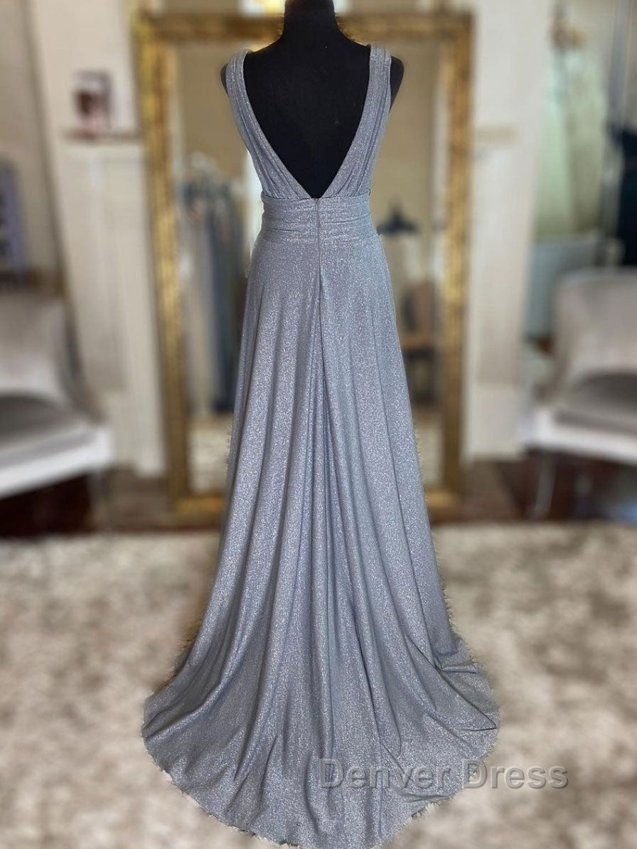 Gray v neck tulle sequin long prom Dress, gray Prom Dresses