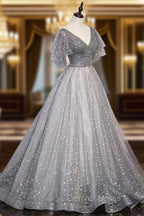 Gray V Neck Tulle Sequins Long Prom Dress, A Line Short Sleeve Prom Dresses