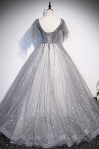 Gray V Neck Tulle Sequins Long Prom Dress, A Line Short Sleeve Prom Dresses