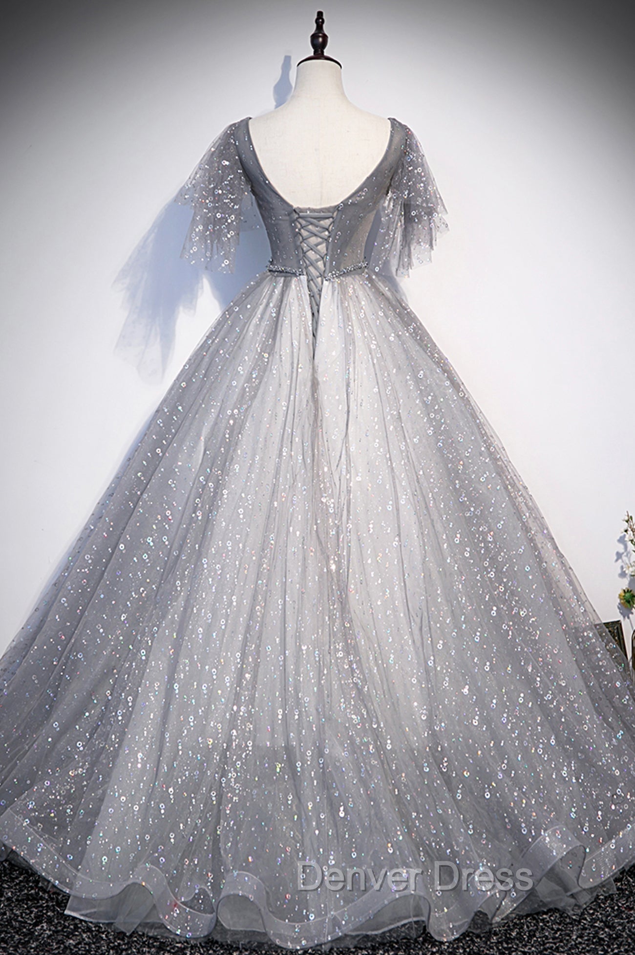 Gray V Neck Tulle Sequins Long Prom Dress, A Line Short Sleeve Prom Dresses