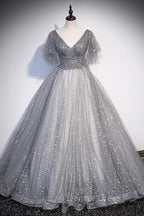 Gray V Neck Tulle Sequins Long Prom Dress, A Line Short Sleeve Prom Dresses