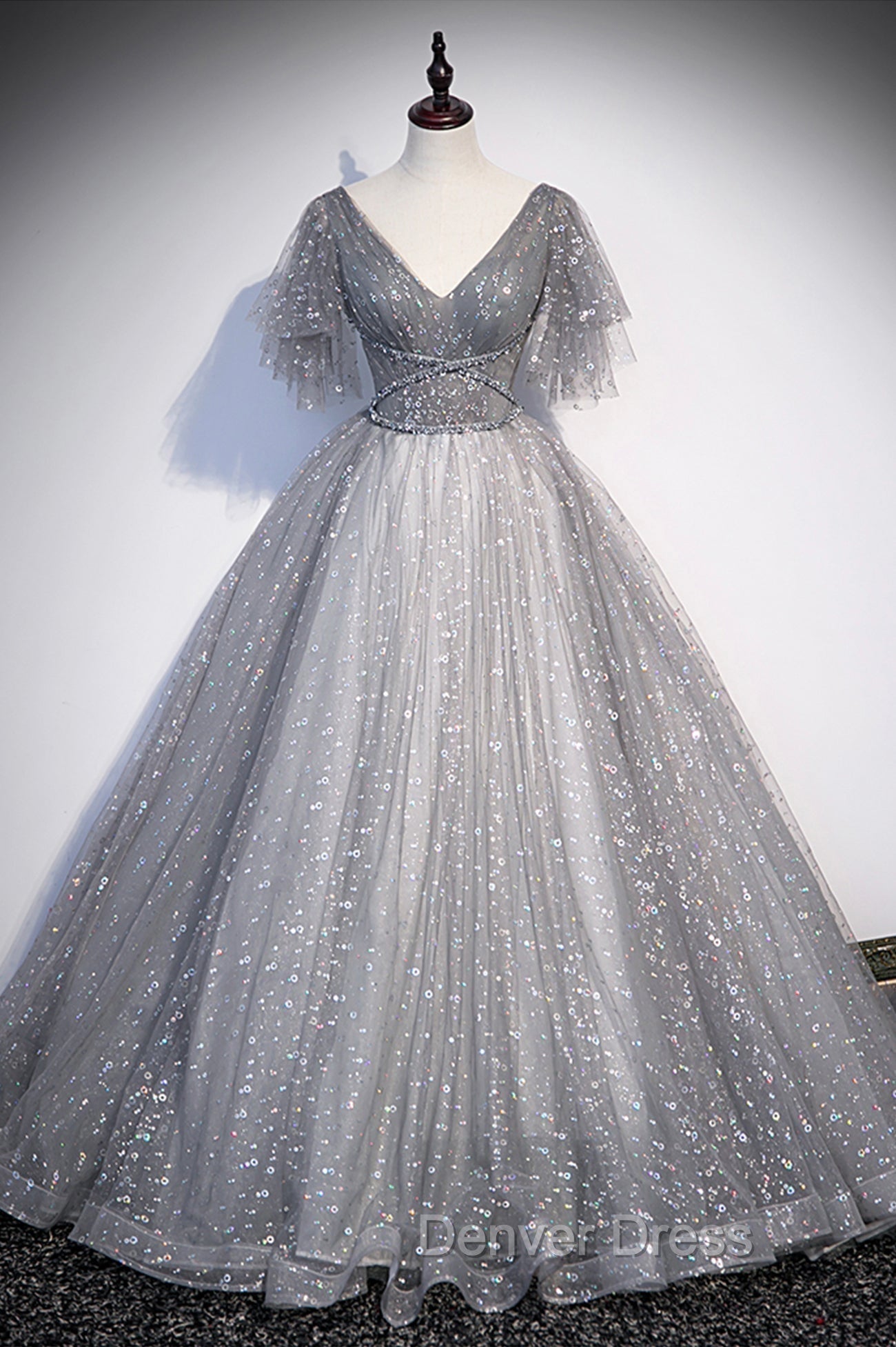 Gray V Neck Tulle Sequins Long Prom Dress, A Line Short Sleeve Prom Dresses