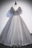 Gray V Neck Tulle Sequins Long Prom Dress, A Line Short Sleeve Prom Dresses